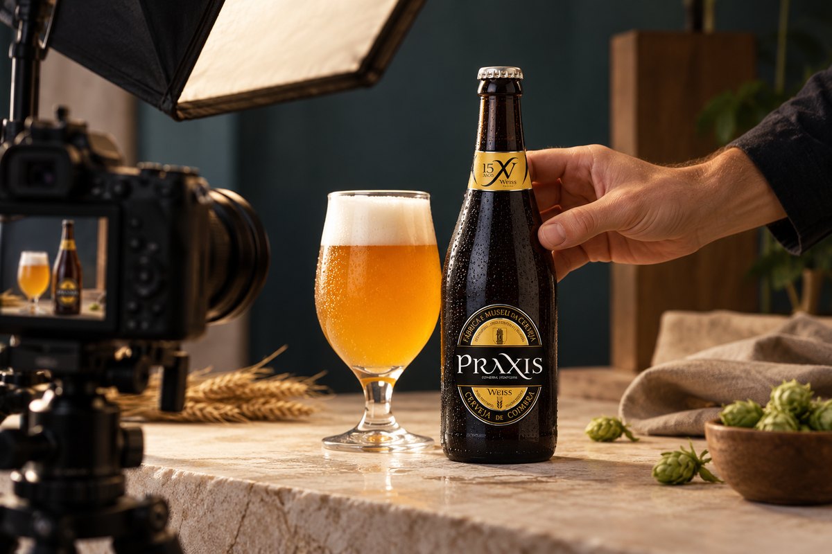 A Praxis Weiss bottle and glass on a studio table, with a hand adjusting the bottle, a camera and a softbox.