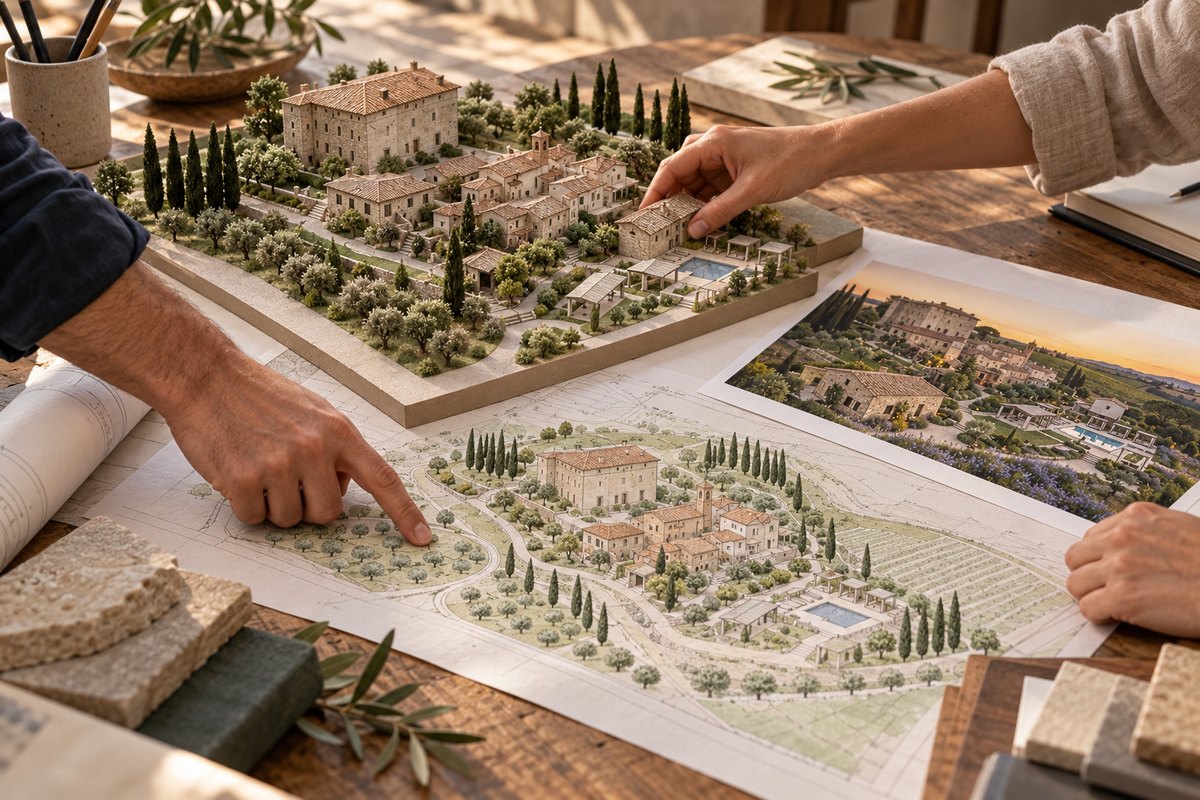 Hands reviewing a site plan and a detailed castle-estate model, beside a printed Cicoria concept view.