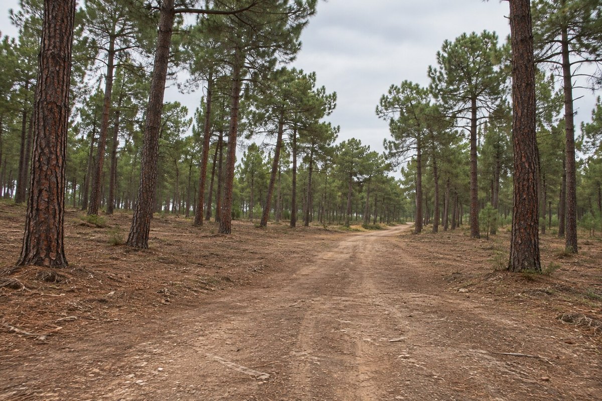 Open earth track through maritime pines, with a low cleared forest floor and soft overcast light.