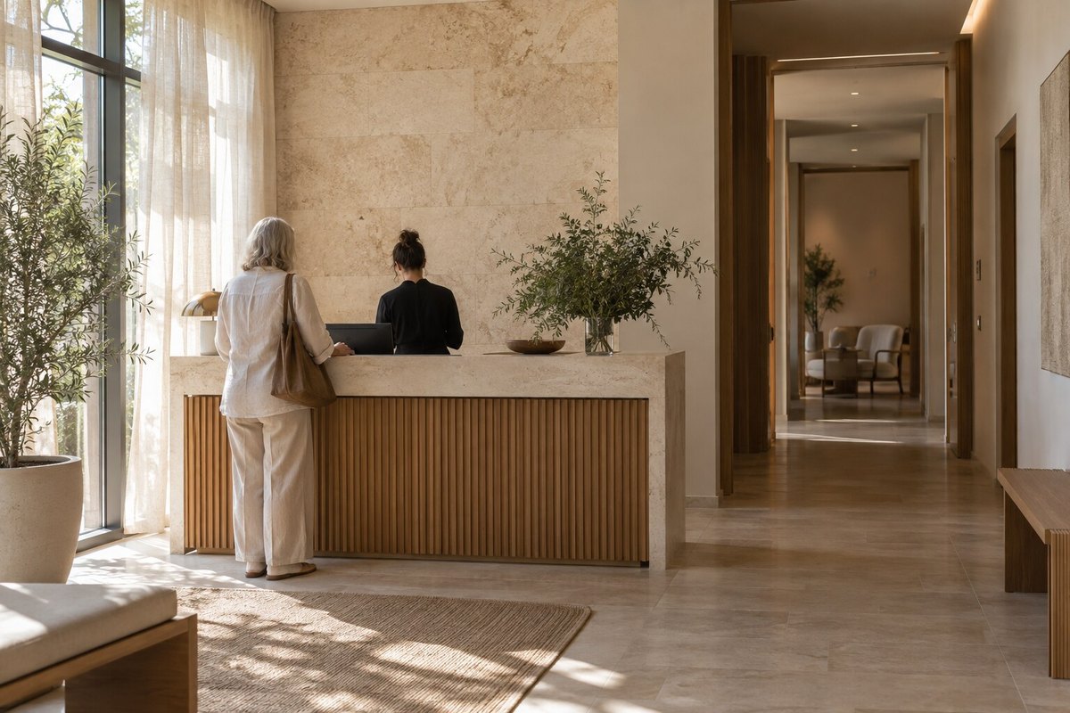 Staff member and older guest seen from behind at a stone and timber reception desk, with daylight and a corridor beyond.