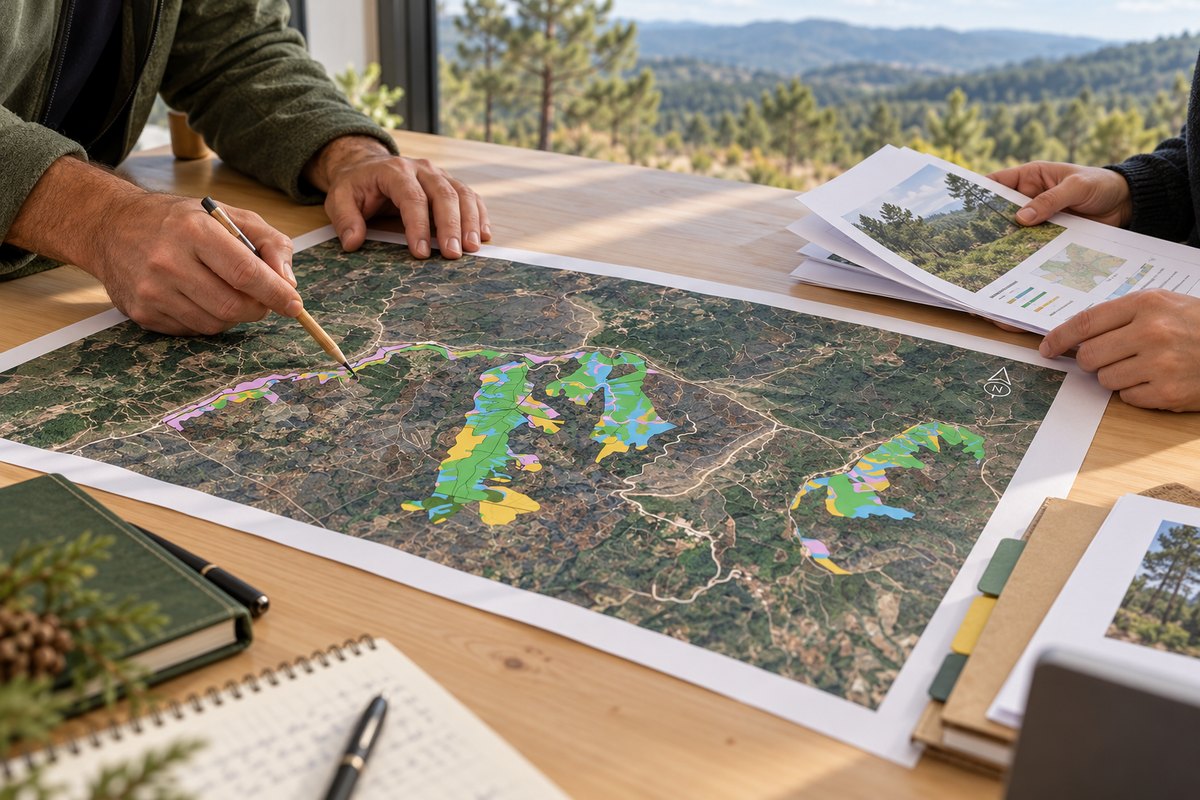 Hands reviewing a land-use map and a forest-management project dossier, with woodland beyond a window.