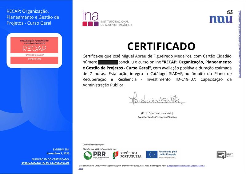 INA certificate for the RECAP course in organization, planning and project management, issued to José Miguel Abreu de Figueiredo Medeiros. The ID number is covered.