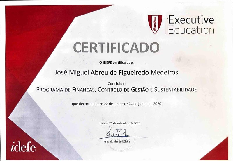 ISEG Executive Education certificate issued by IDEFE to José Miguel Abreu de Figueiredo Medeiros.