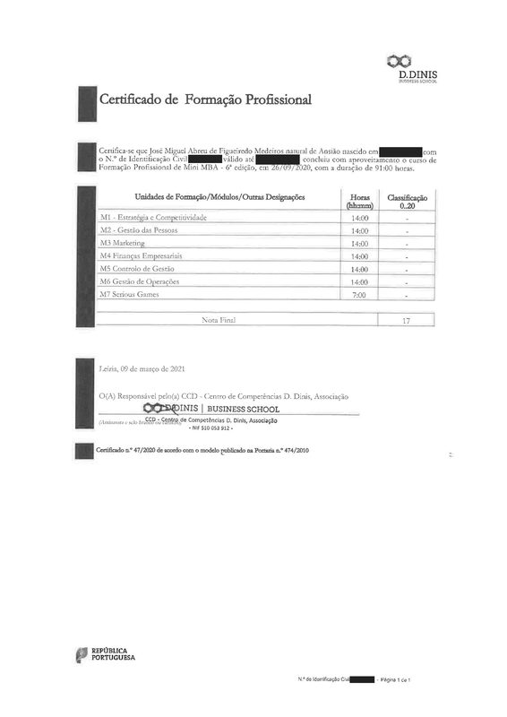 D. Dinis Business School professional training certificate for the Mini MBA. Personal identification details are covered.