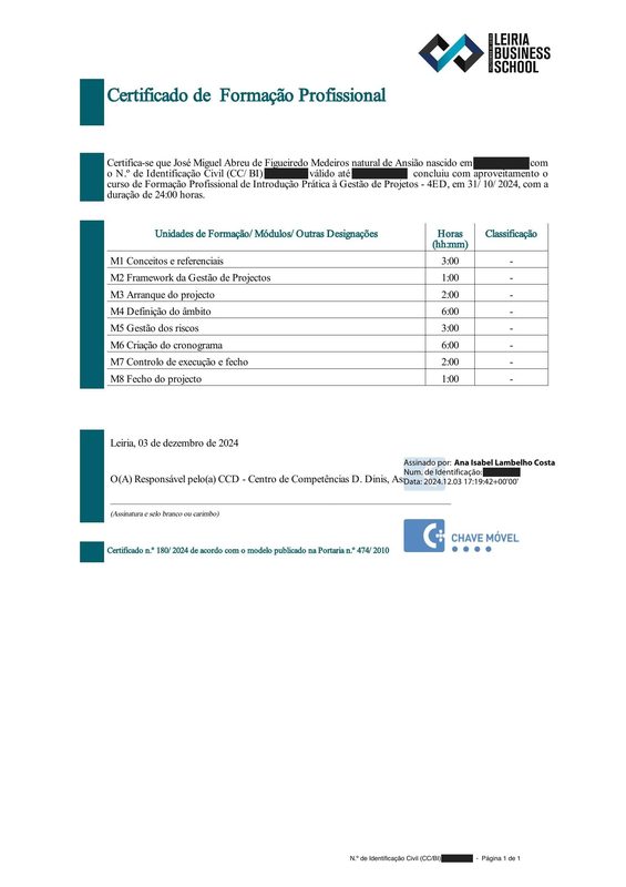 Leiria Business School professional training certificate in project management. Personal identification details are covered.