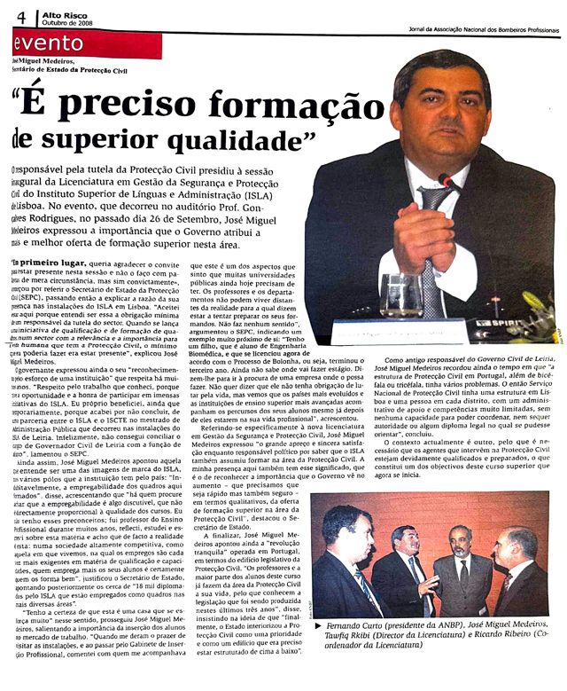 Magazine page with José Miguel Medeiros speaking at a lectern.