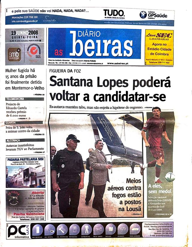 Front page of Diário As Beiras with José Miguel Medeiros walking beside a firefighting aircraft.