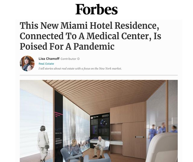 Forbes article header with a render of a clinic waiting area.
