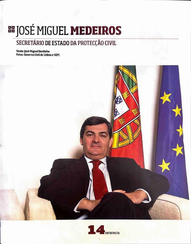 Magazine interview opening with a portrait of José Miguel Medeiros between the flags of Portugal and the European Union.