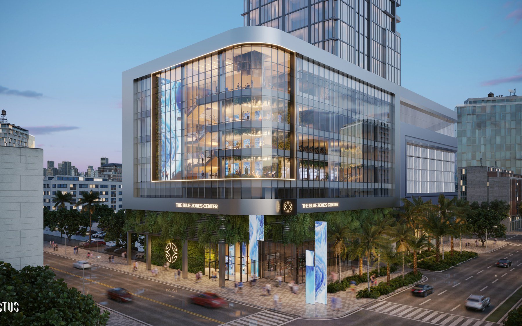 Exterior of the planned Blue Zones Center, a longevity center at Miami Worldcenter. Concept render of the planned center. Render: Cactus. Partner experience. Stephen Watson, development leadership, Blue Zones Center at Miami Worldcenter.
