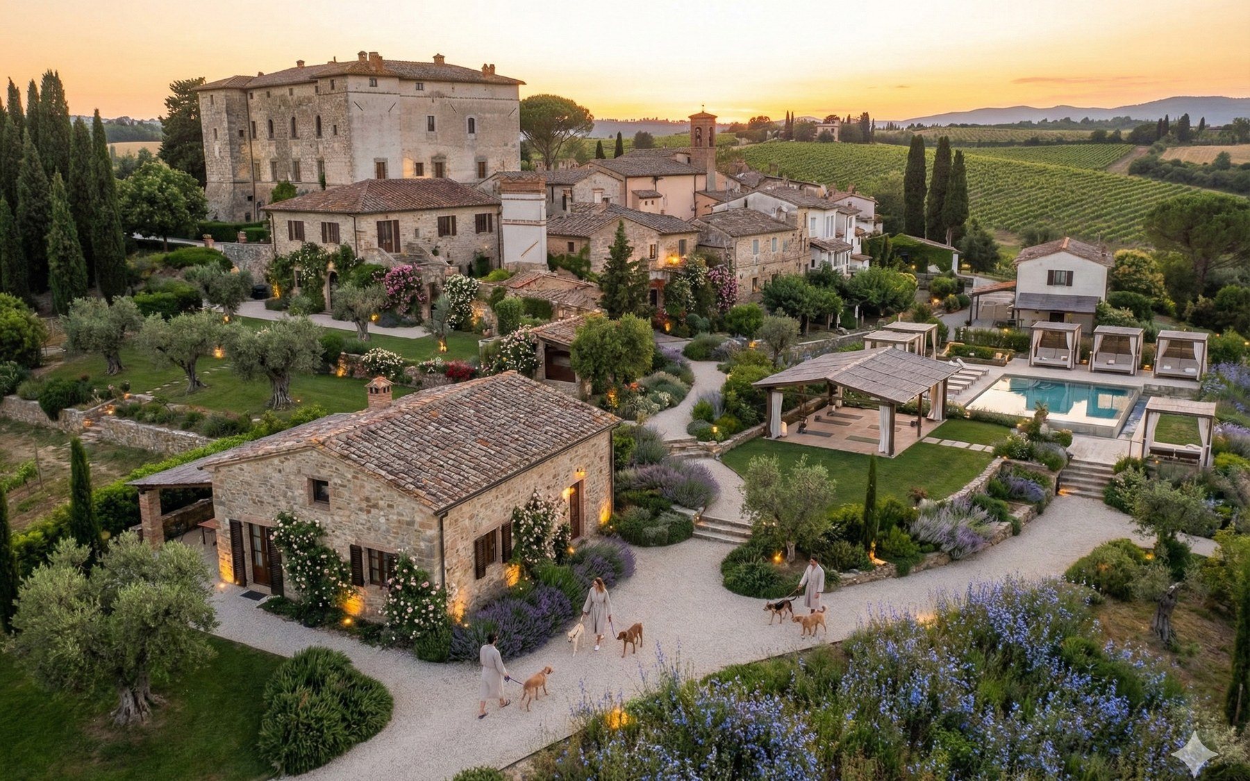The estate from above. Cicoria, a proposed longevity resort in Umbria. Concept visualization from the proposal, not a photograph. Concept work. Stephen Watson leads the concept. Cicoria, southern Umbria, Italy.