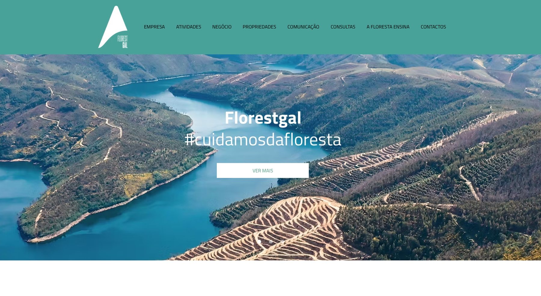 FlorestGal homepage: a reservoir and forest seen from the air.